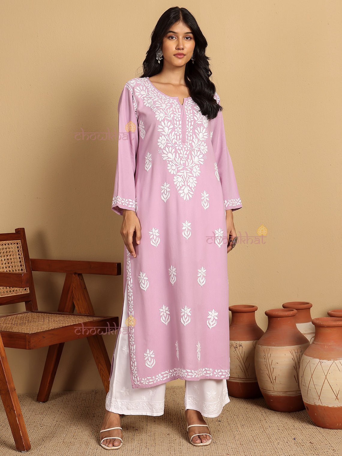 Tisha Straight Rayon Chikankari Long Kurti - Chowkhat Lifestyle