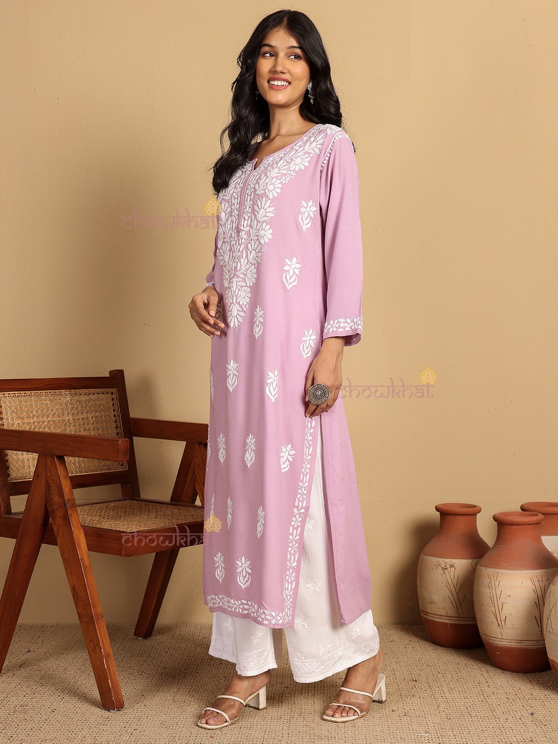Tisha Straight Rayon Chikankari Long Kurti - Chowkhat Lifestyle