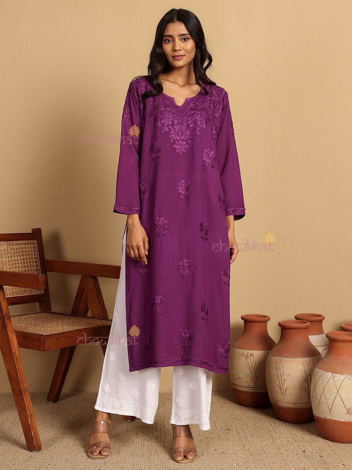 Ayla Straight Long Rayon Chikankari Kurti - Chowkhat Lifestyle