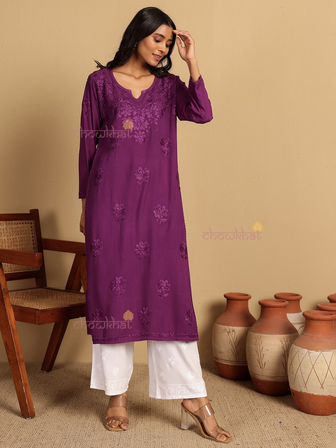Ayla Straight Long Rayon Chikankari Kurti - Chowkhat Lifestyle