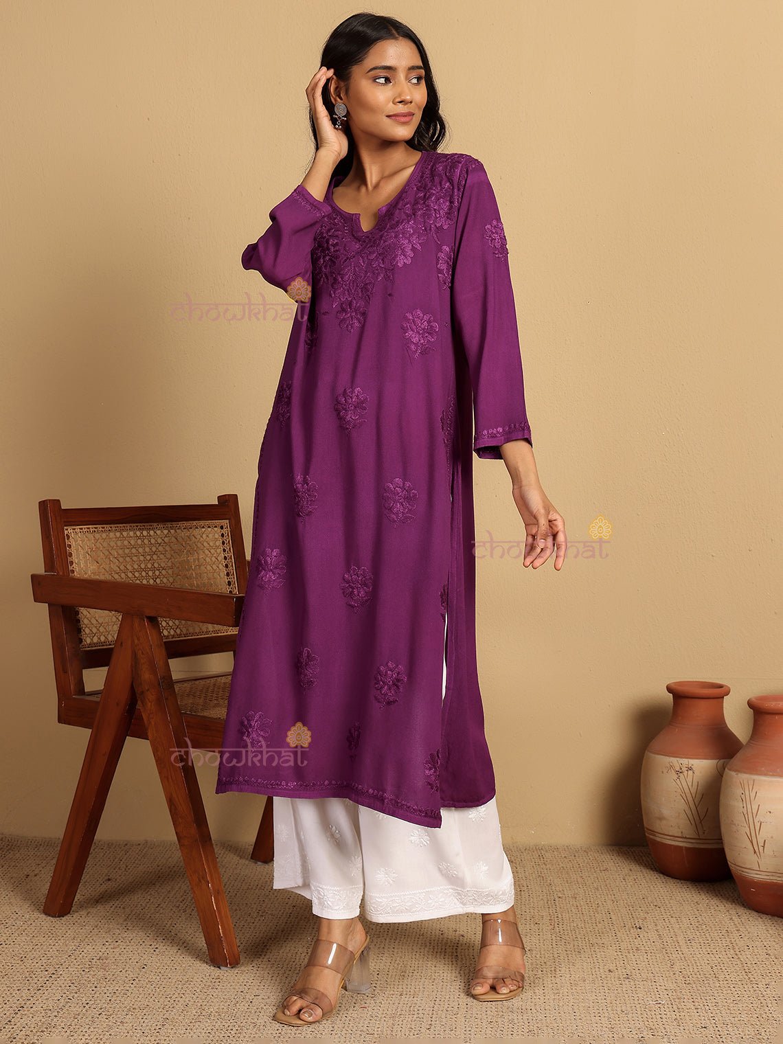 Ayla Straight Long Rayon Chikankari Kurti - Chowkhat Lifestyle
