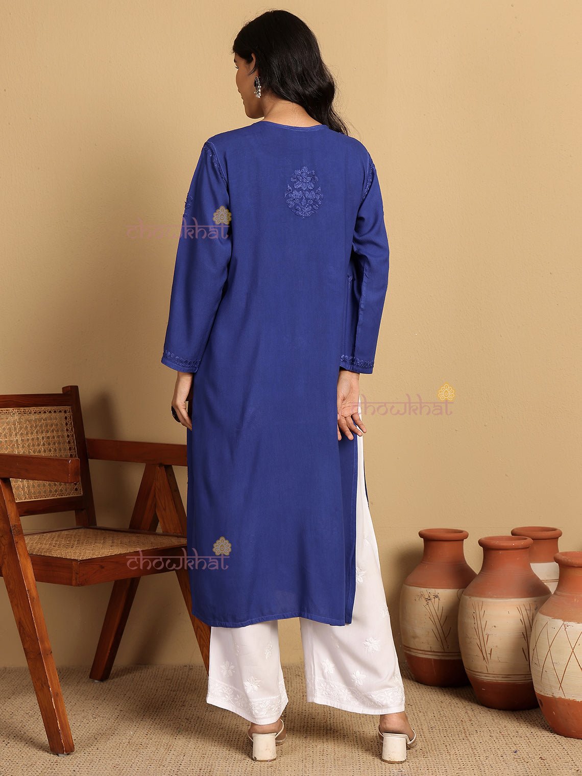 Ayla Straight Long Rayon Chikankari Kurti - Chowkhat Lifestyle