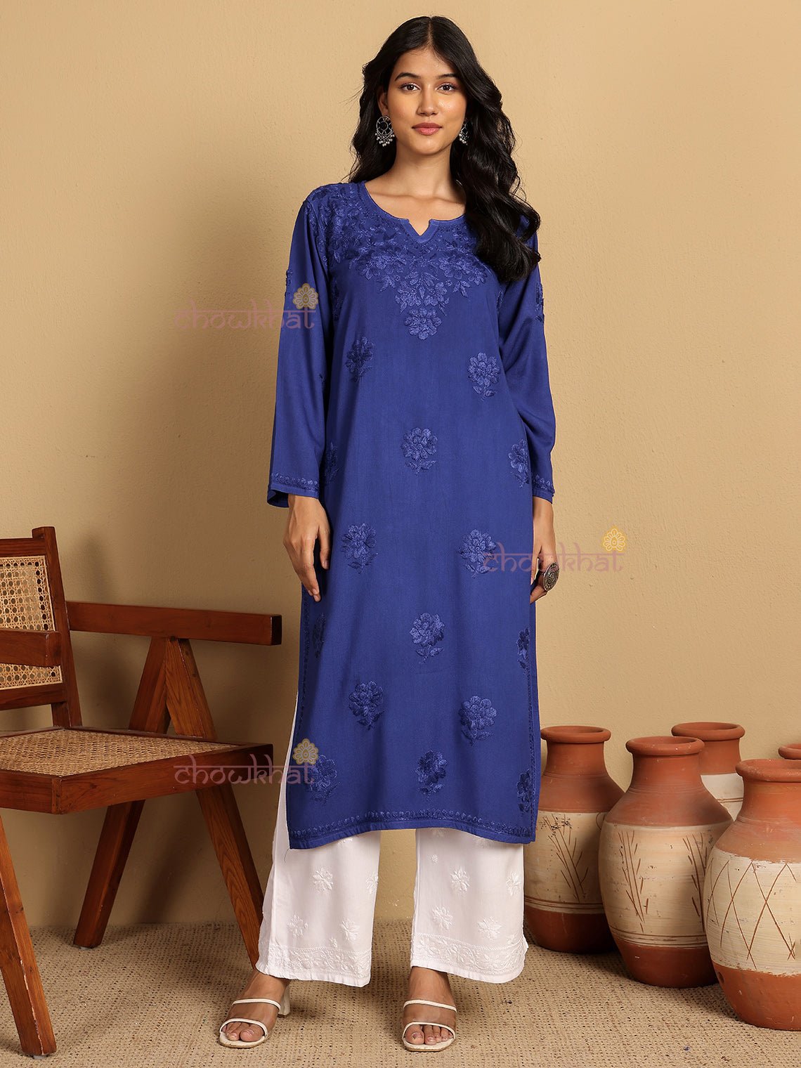 Ayla Straight Long Rayon Chikankari Kurti - Chowkhat Lifestyle
