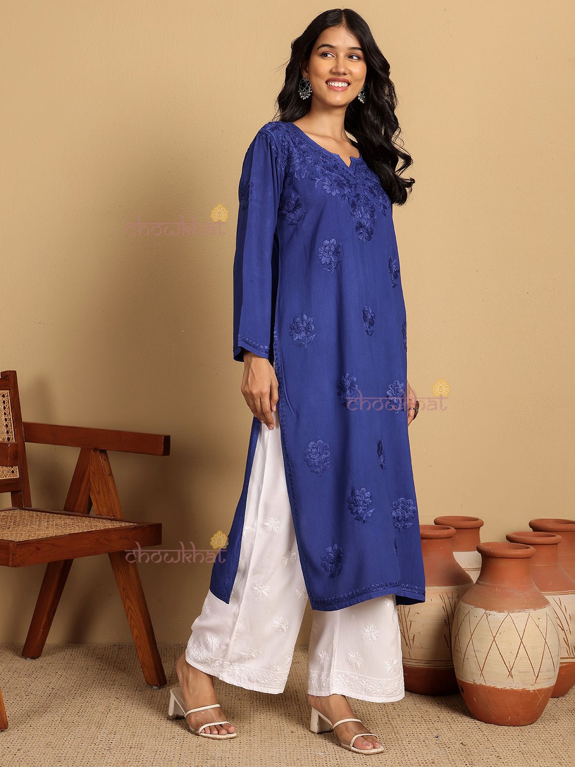 Ayla Straight Long Rayon Chikankari Kurti - Chowkhat Lifestyle
