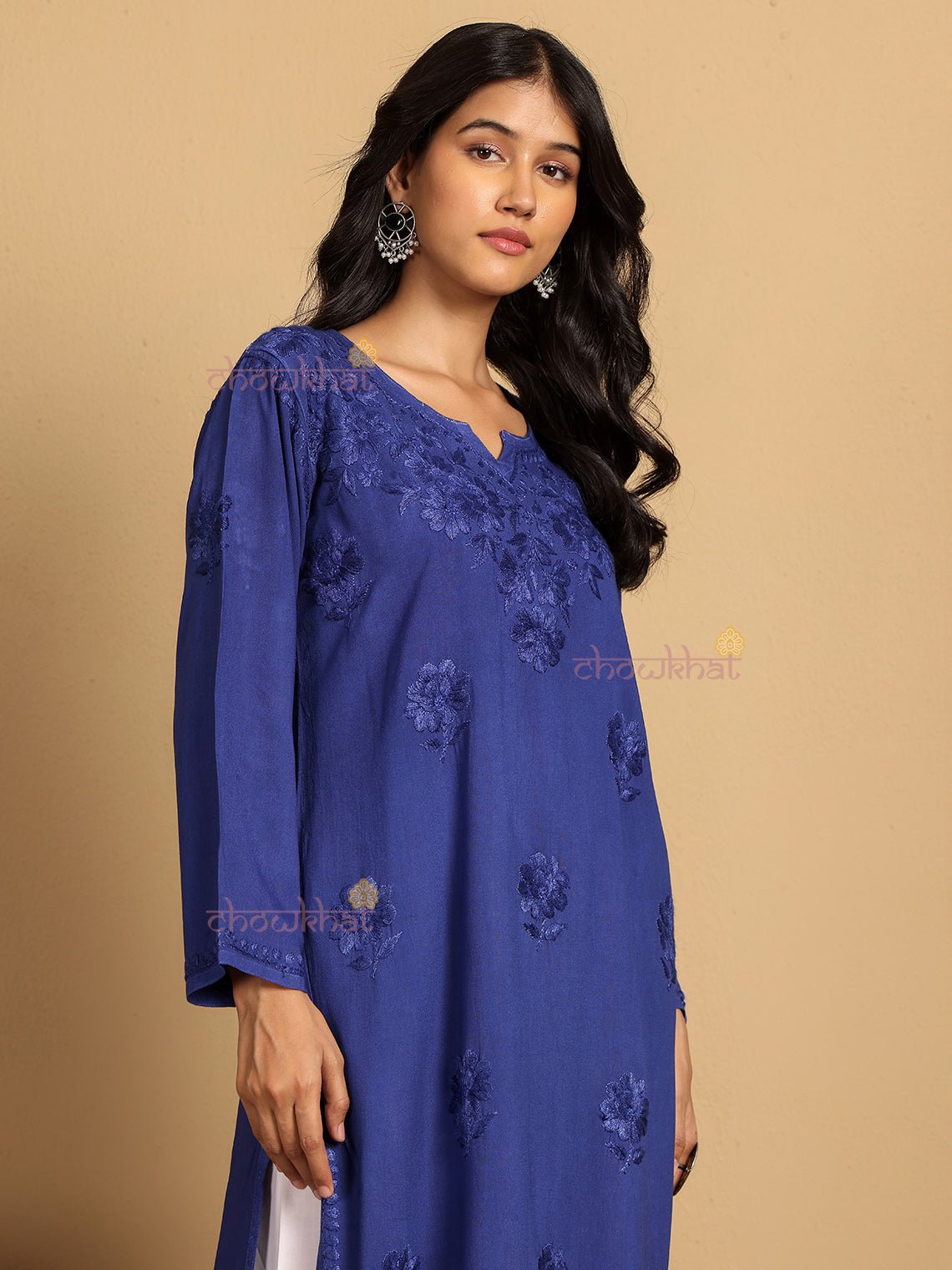 Ayla Straight Long Rayon Chikankari Kurti - Chowkhat Lifestyle