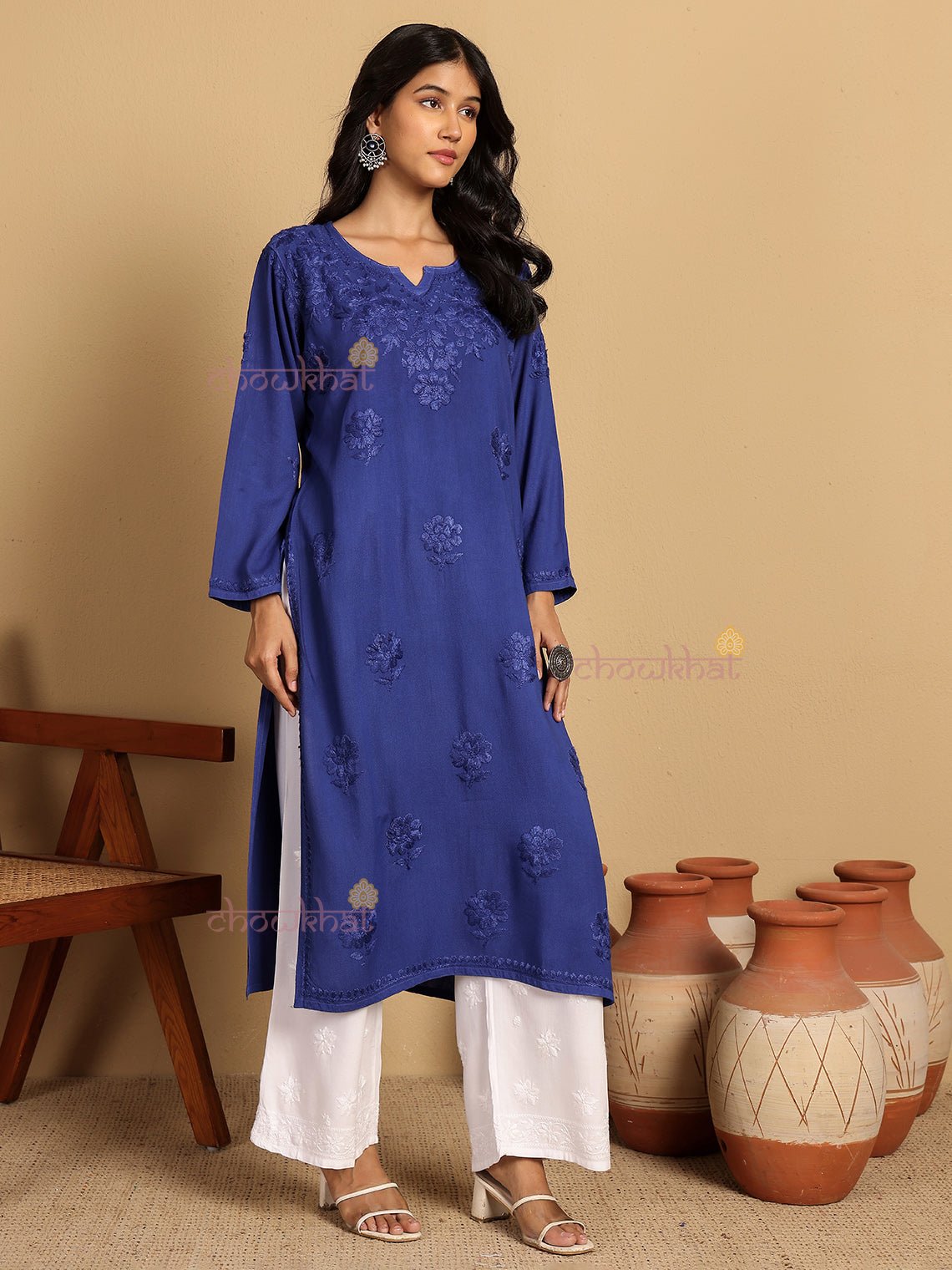 Ayla Straight Long Rayon Chikankari Kurti - Chowkhat Lifestyle