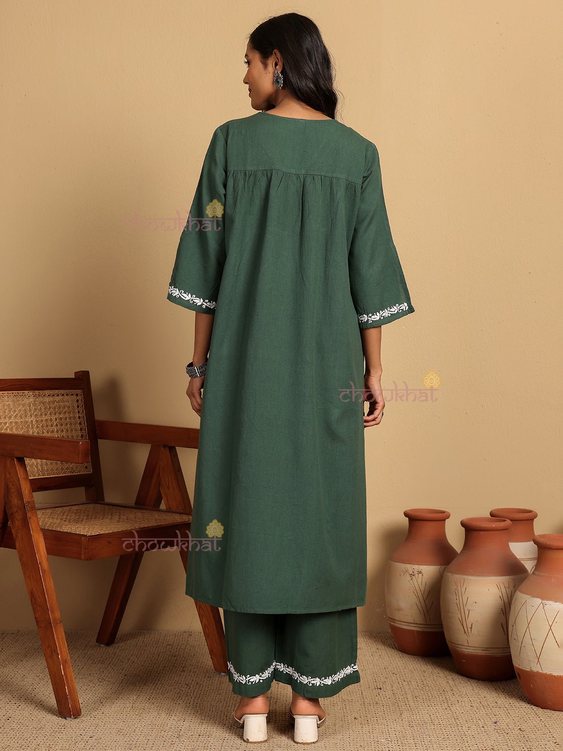 Aarvi Cotton Flex Hand Embroidered Chikankari Kurti & Palazzo Set - Chowkhat Lifestyle