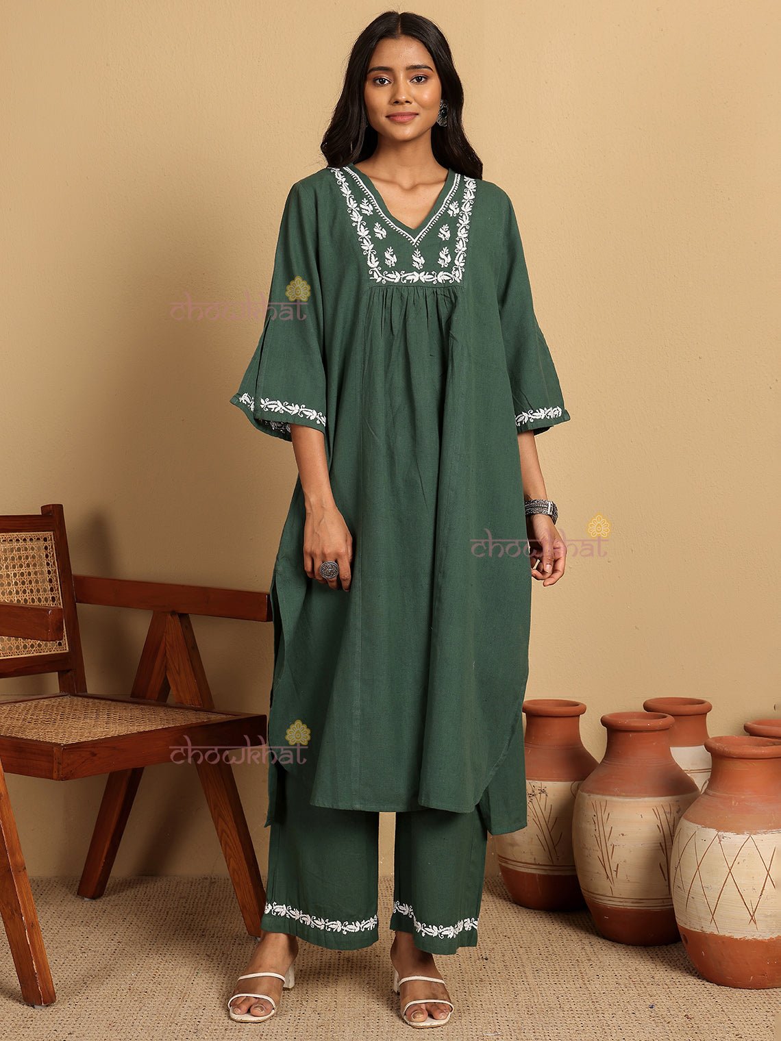 Aarvi Cotton Flex Hand Embroidered Chikankari Kurti & Palazzo Set - Chowkhat Lifestyle