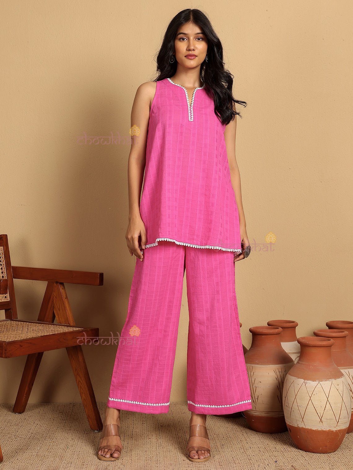 Geet Slub Cotton Co - ord Set With Lace Detailing - Chowkhat Lifestyle