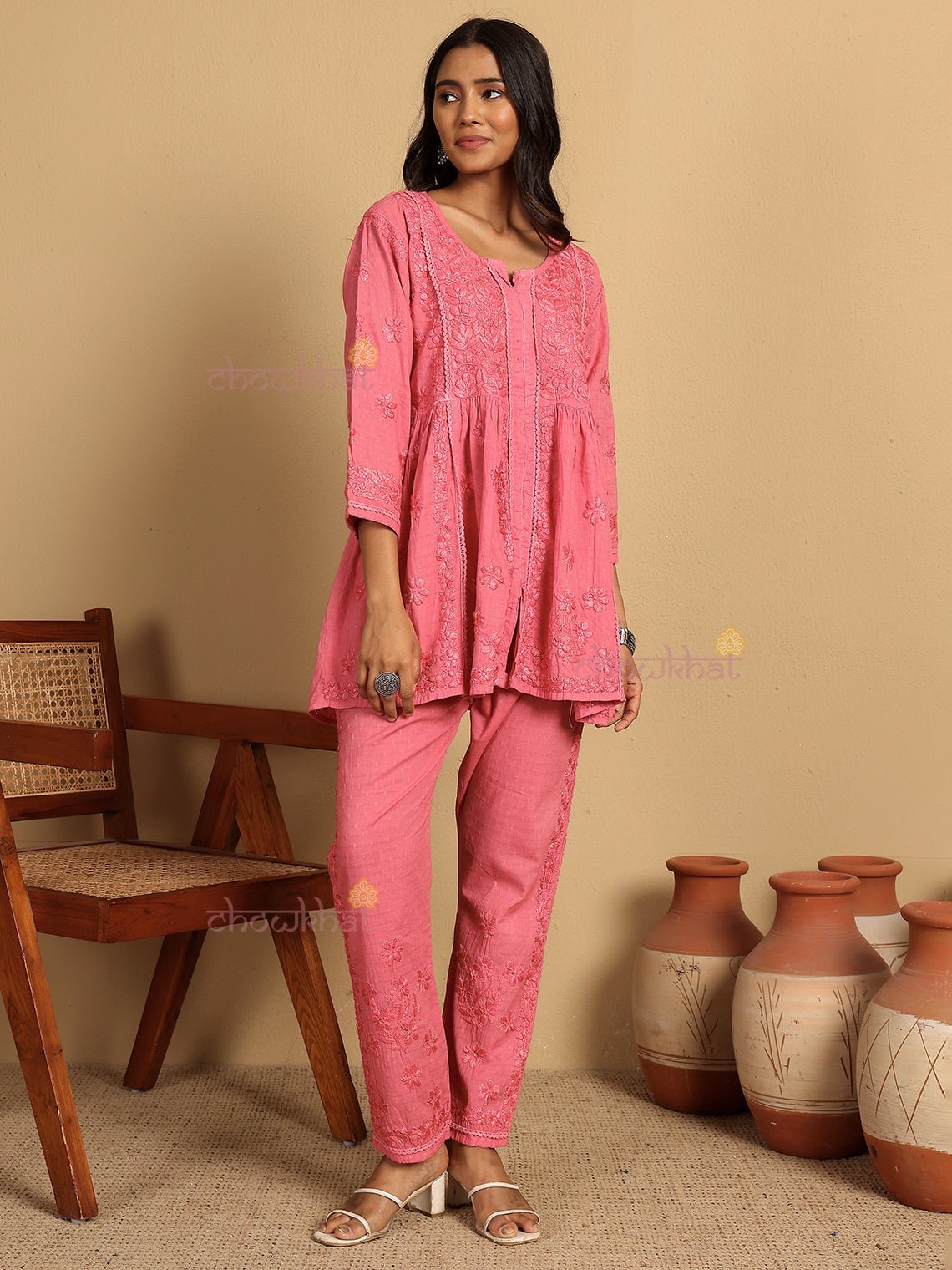 Arika Mul Cotton Hand Embroidered Chikankari Kurti & Palazzo Set - Chowkhat Lifestyle