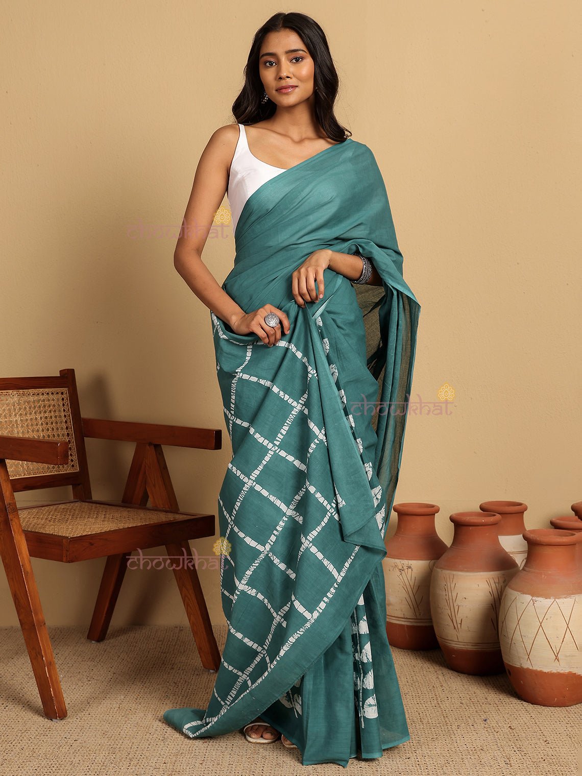 Sarah Pre - Draped Hand Printed Mul Cotton Saree - Chowkhat Lifestyle