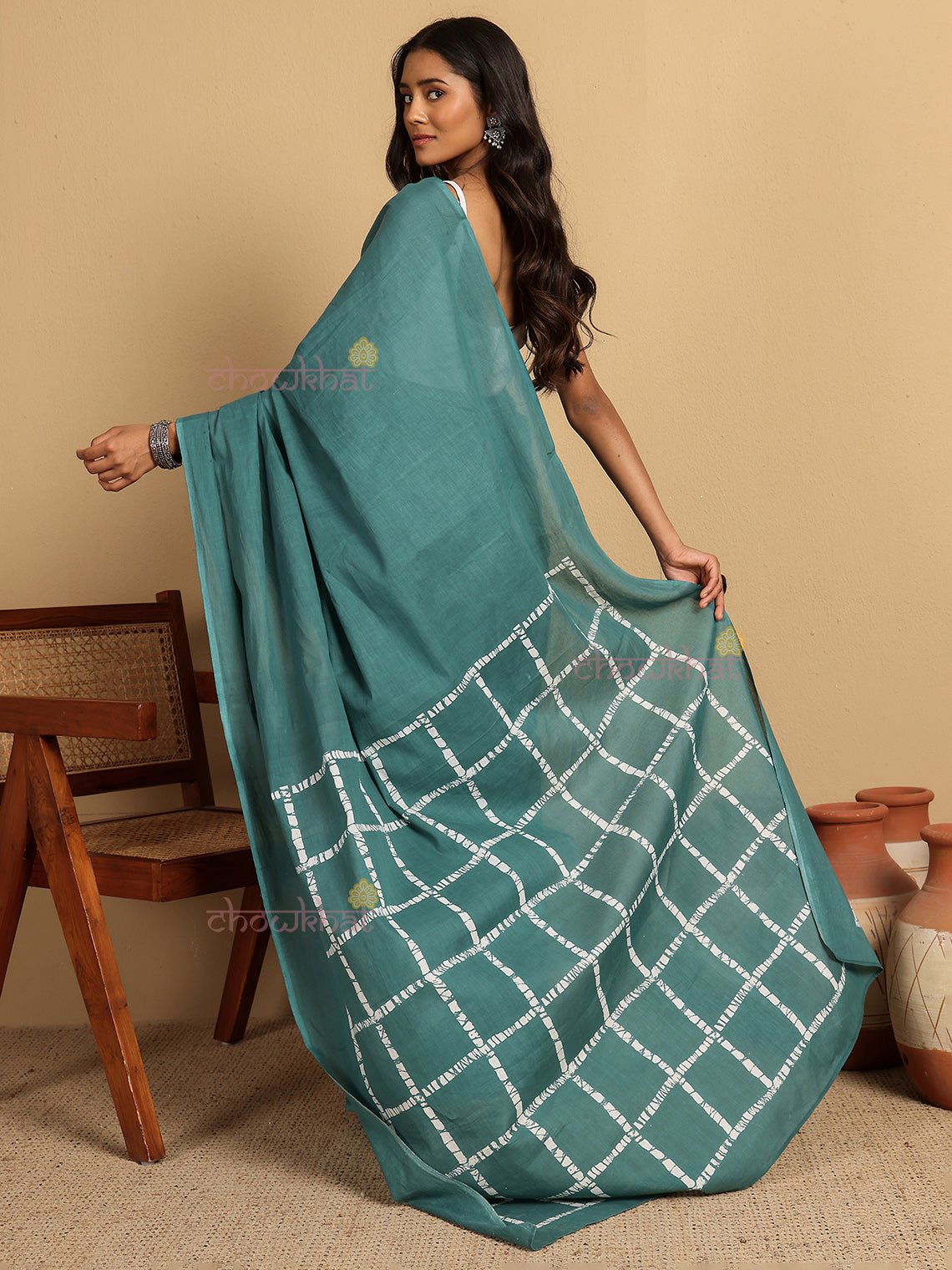 Sarah Pre - Draped Hand Printed Mul Cotton Saree - Chowkhat Lifestyle