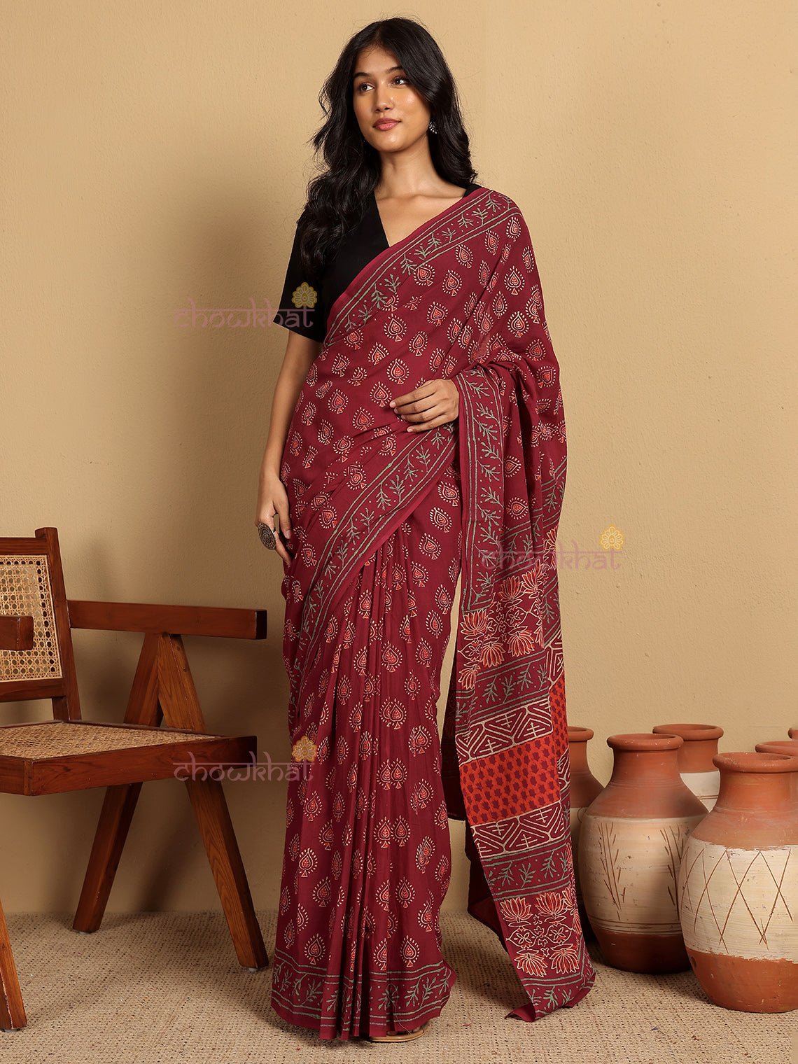 Hina Pre - Draped Hand Block Mul Cotton Saree - Chowkhat Lifestyle