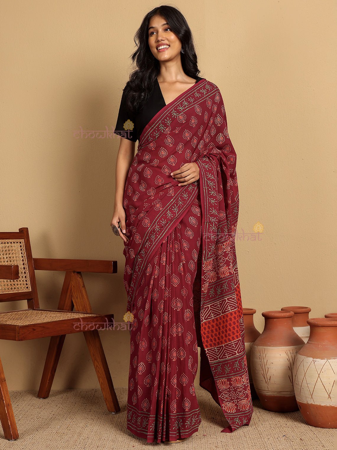 Hina Pre - Draped Hand Block Mul Cotton Saree - Chowkhat Lifestyle