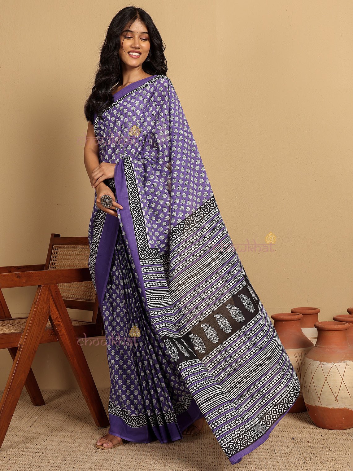 Anar Pre - Draped Hand Printed Mul Cotton Saree - Chowkhat Lifestyle