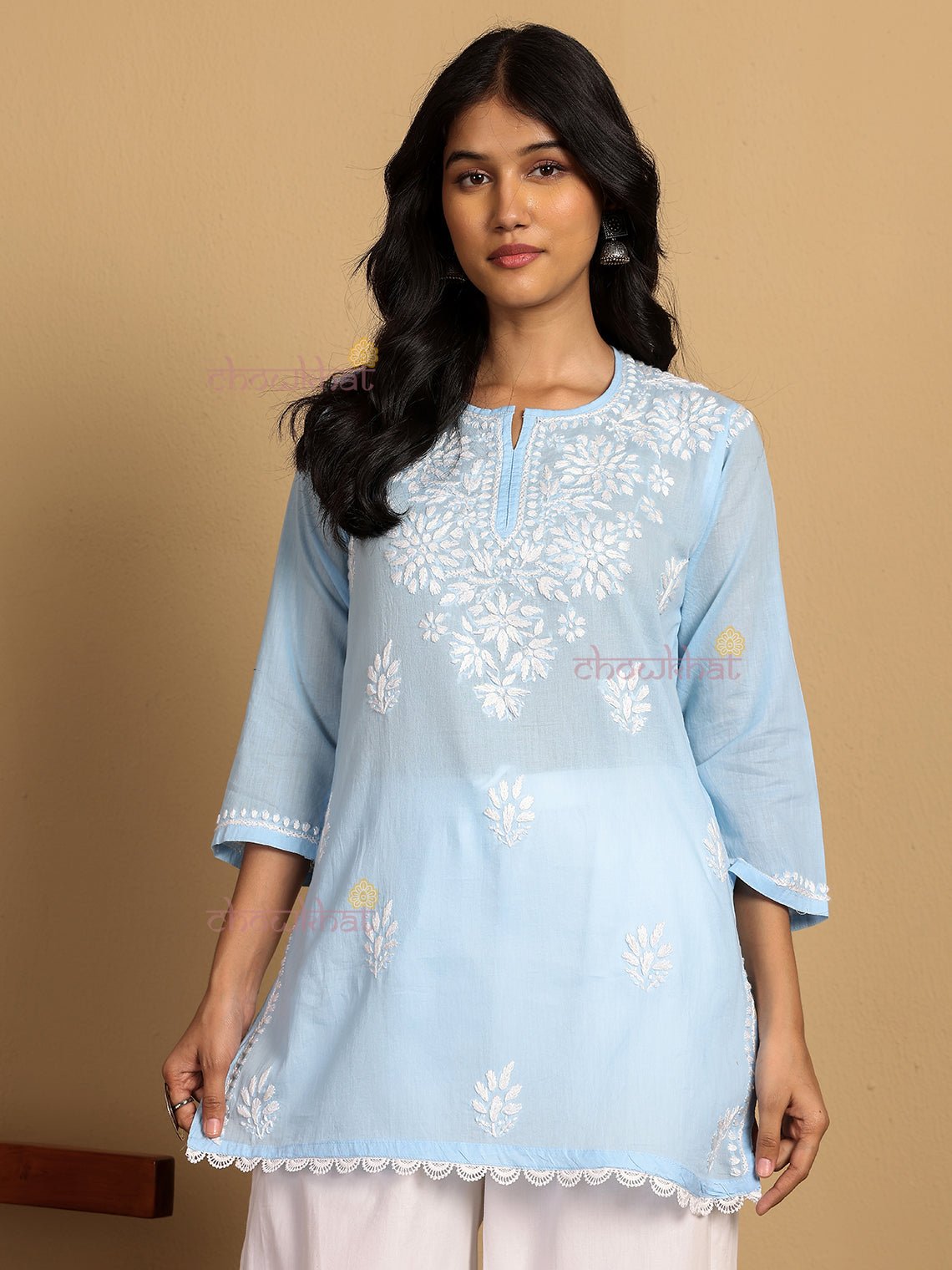Dania Mul Cotton Short Straight Chikankari Kurti - Chowkhat Lifestyle