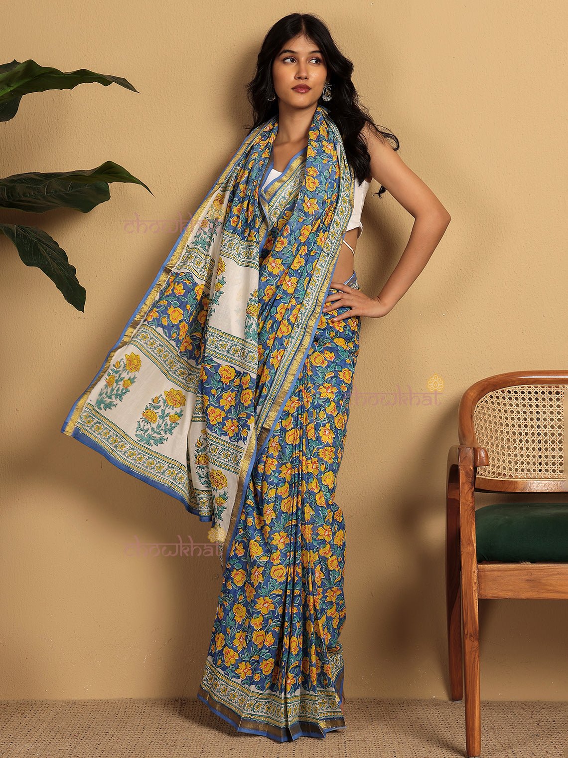 Ishita Pre - Draped Hand Block Mul Cotton Saree - Chowkhat Lifestyle