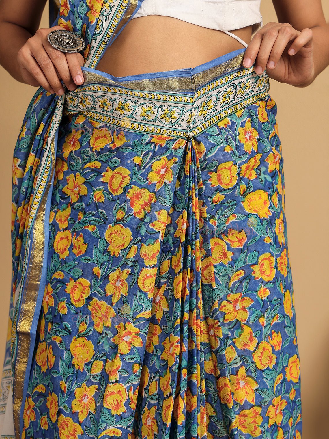 Ishita Pre - Draped Hand Block Mul Cotton Saree - Chowkhat Lifestyle