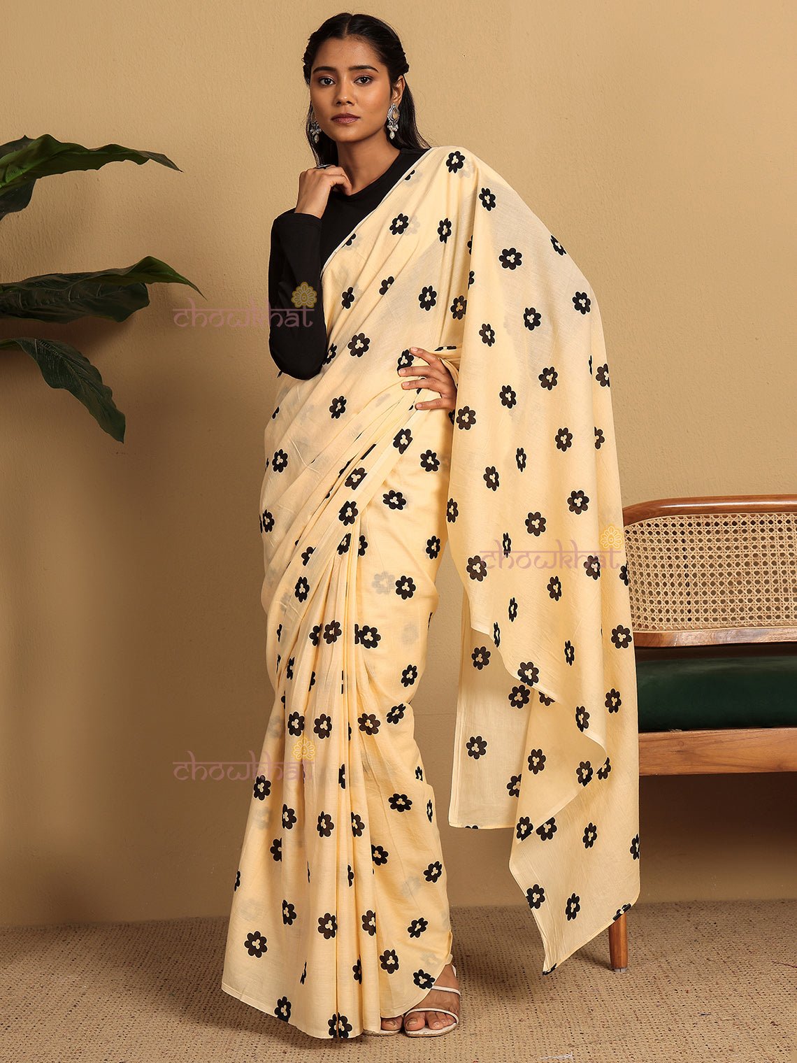 Sana Pre - Draped Hand Printed Mul Cotton Saree - Chowkhat Lifestyle