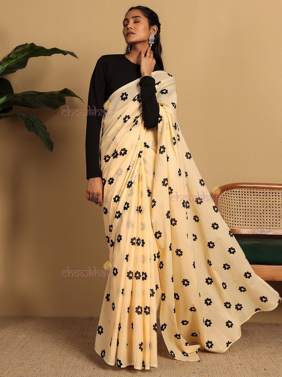 Sana Pre - Draped Hand Printed Mul Cotton Saree - Chowkhat Lifestyle