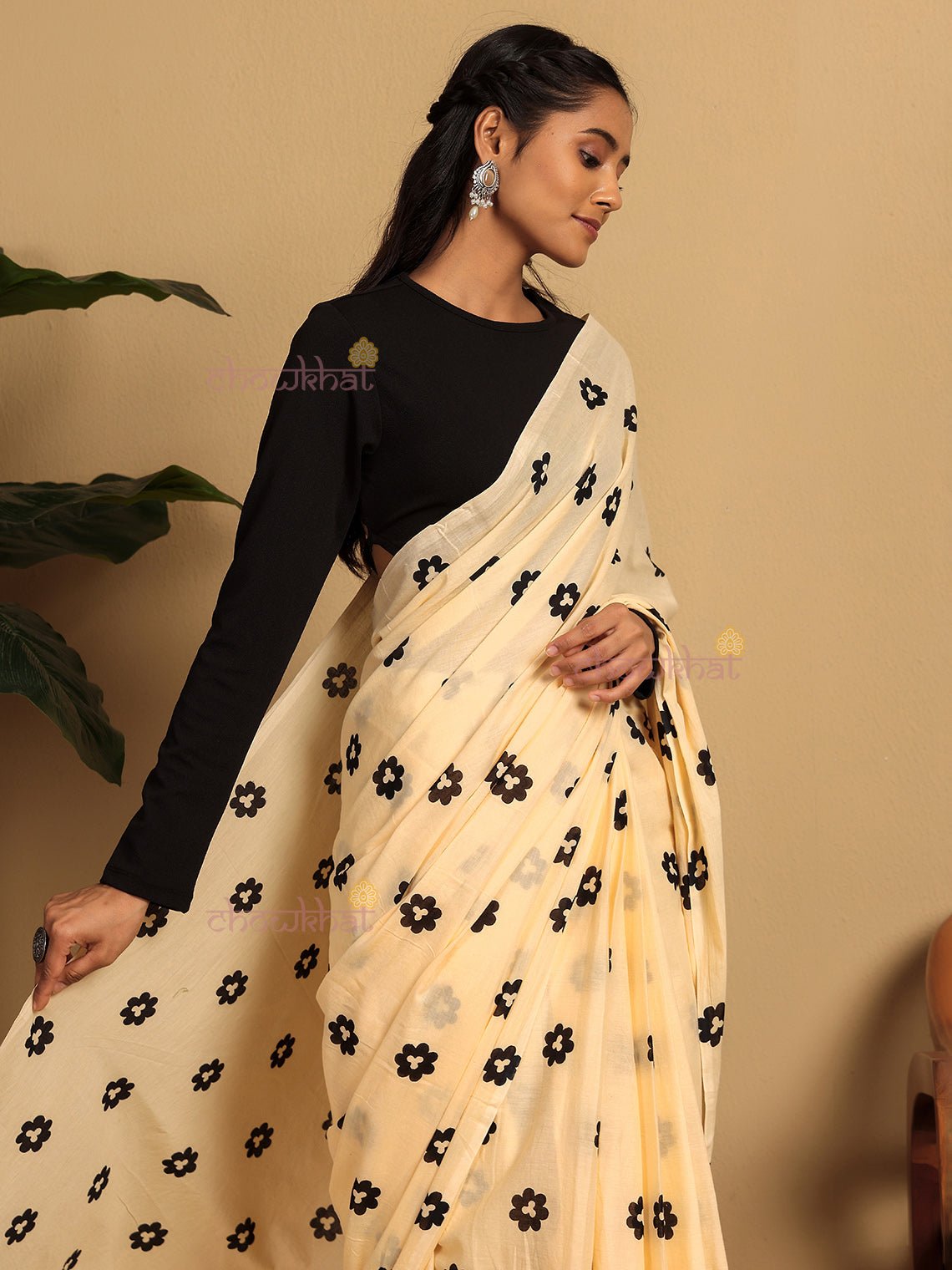 Sana Pre - Draped Hand Printed Mul Cotton Saree - Chowkhat Lifestyle