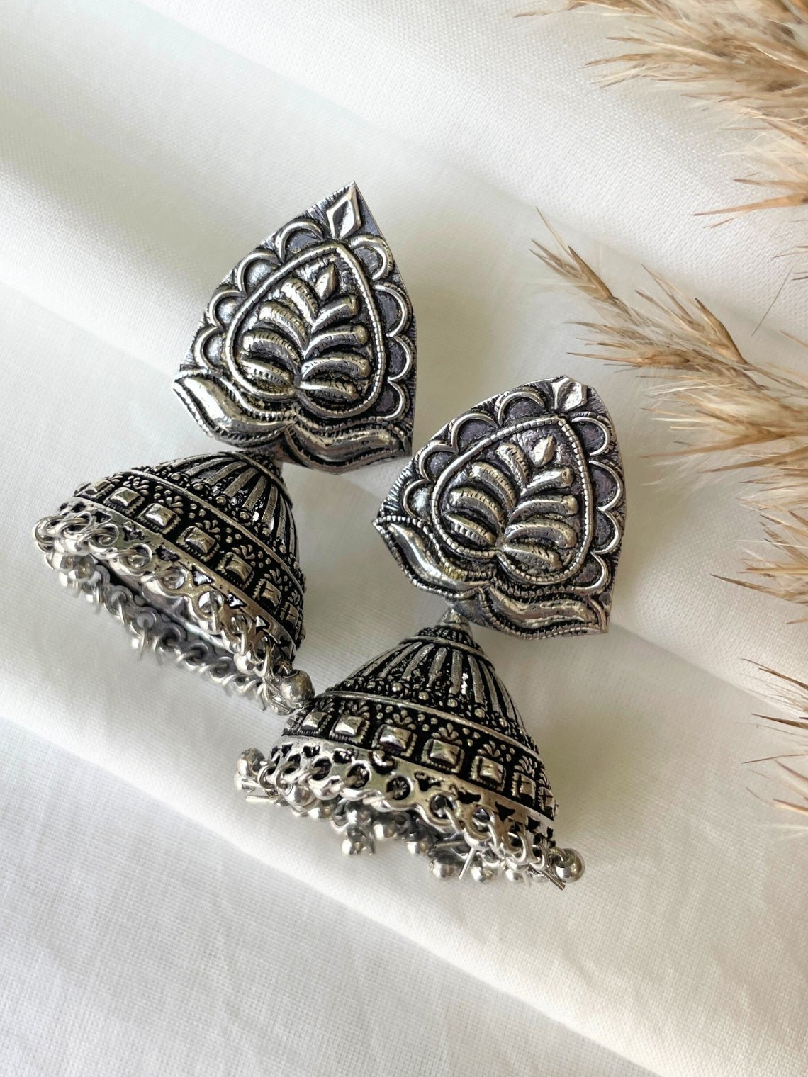 German Silver Paan Jhumki Earrings - Chowkhat Lifestyle