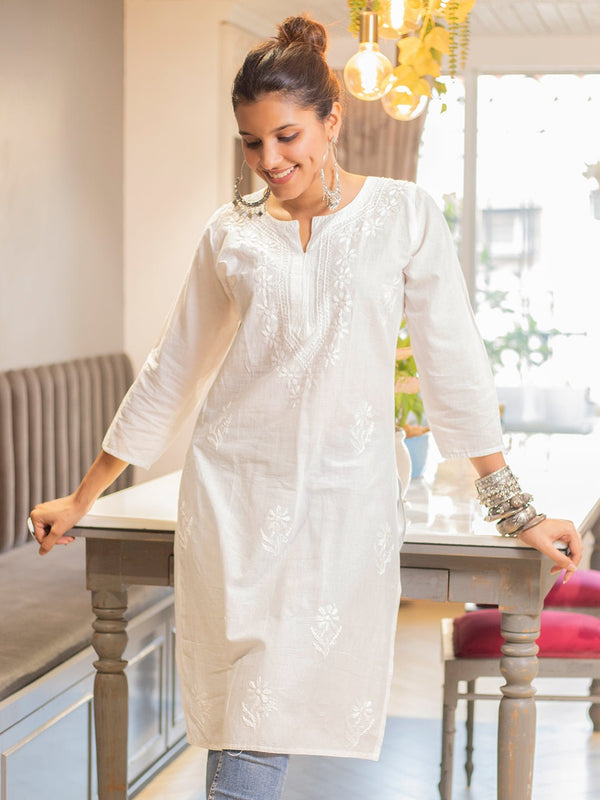 Sirat Cotton White Chikankari Kurti - Chowkhat Handicraft