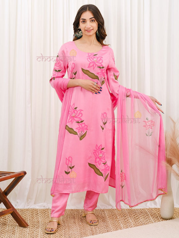 Roohi Pink Hand Painted Suit Set - Chowkhat Lifestyle
