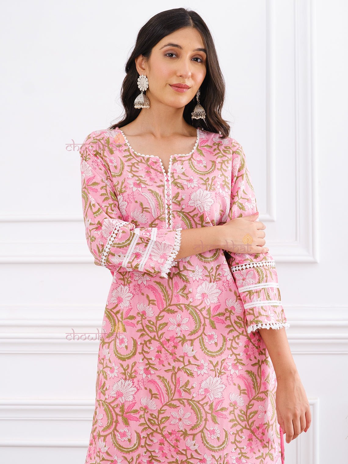 Daisy Hand Block Printed Cotton Kurti with Crochet Lace – Chowkhat Lifestyle
