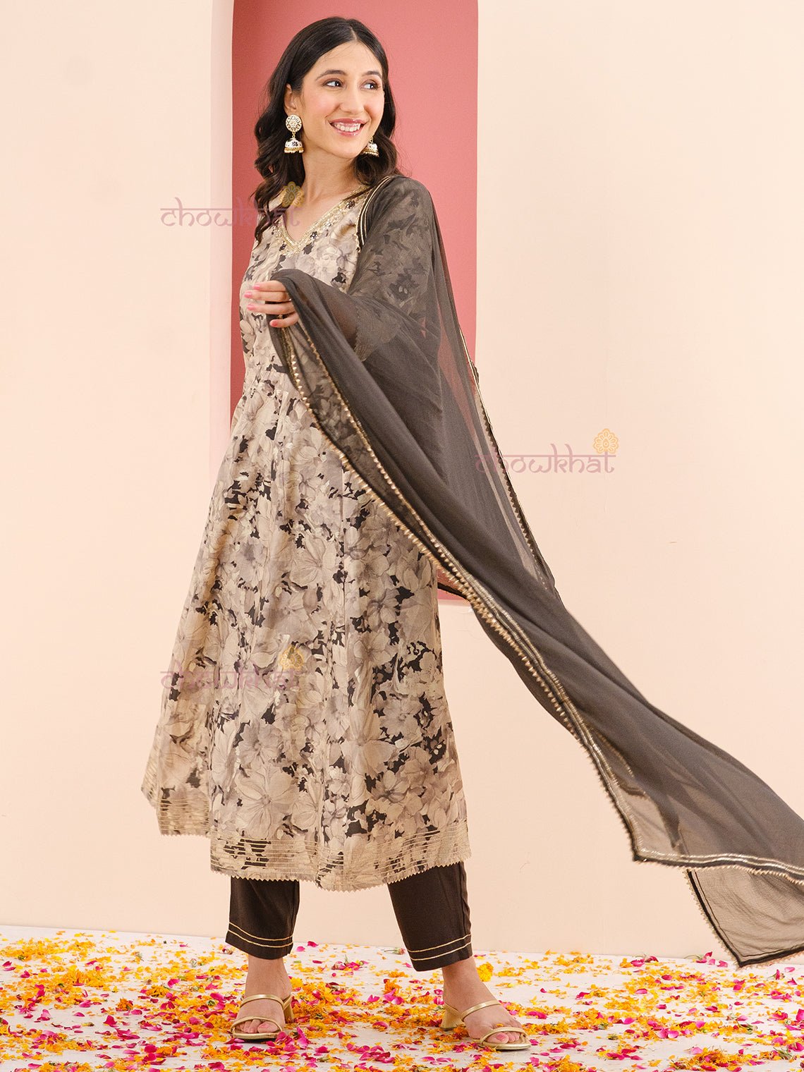 Preet Muslin Aline Suit Set with Handwork - Chowkhat Handicraft