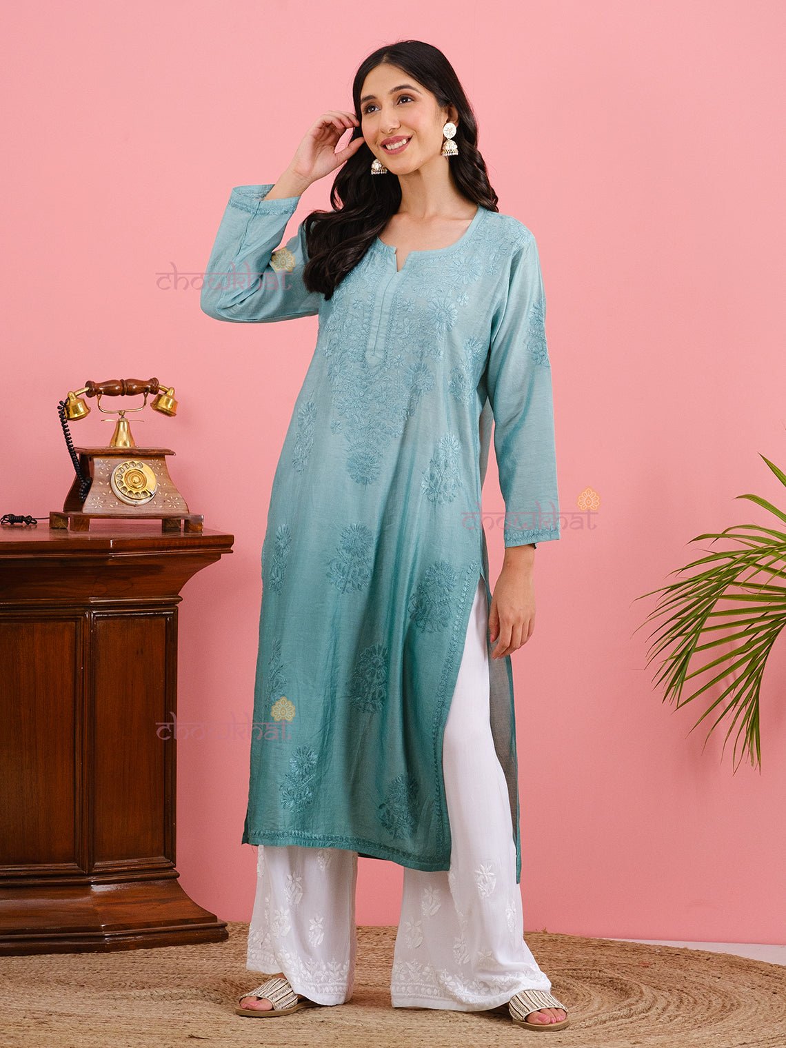 Mira Premium Chanderi Chikankari Kurti - Chowkhat Handicraft