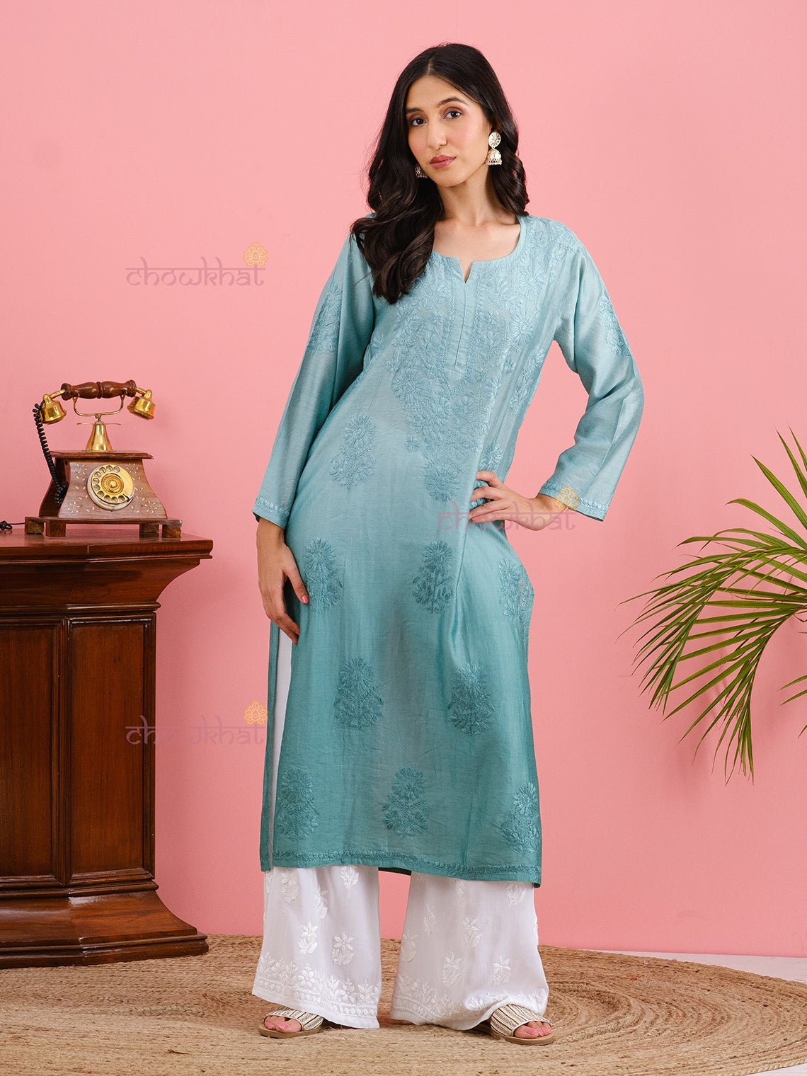 Mira Premium Chanderi Chikankari Kurti - Chowkhat Handicraft