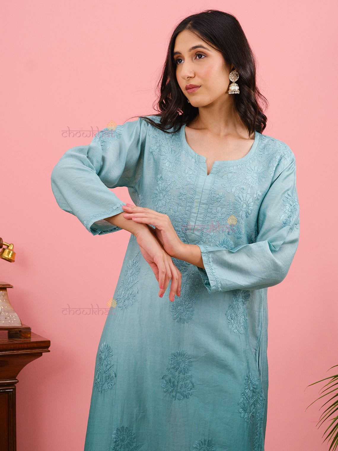 Mira Premium Chanderi Chikankari Kurti - Chowkhat Handicraft