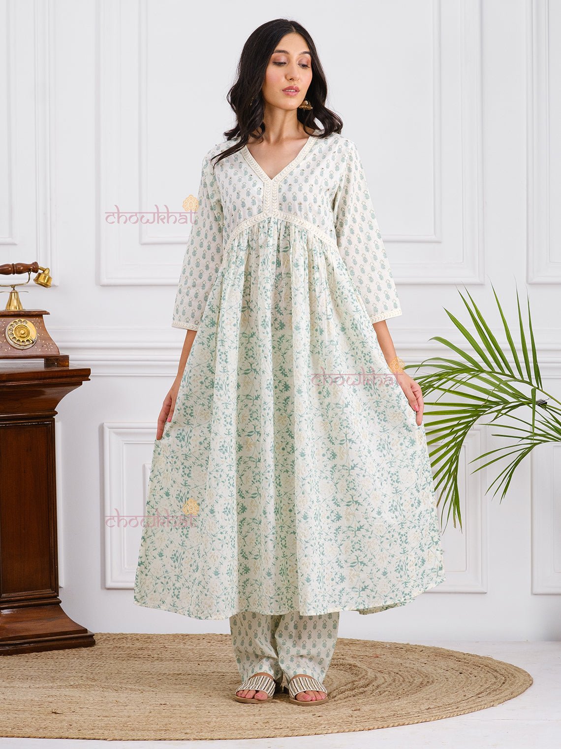 Vamika Alia Cut Cotton Printed Kurti & Pants Set with Hand Sequence Work - Chowkhat Handicraft