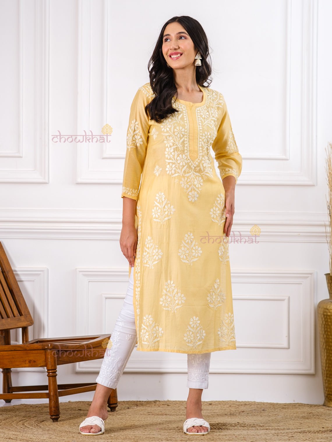 Rida Premium Chanderi Chikankari Kurti - Chowkhat Handicraft