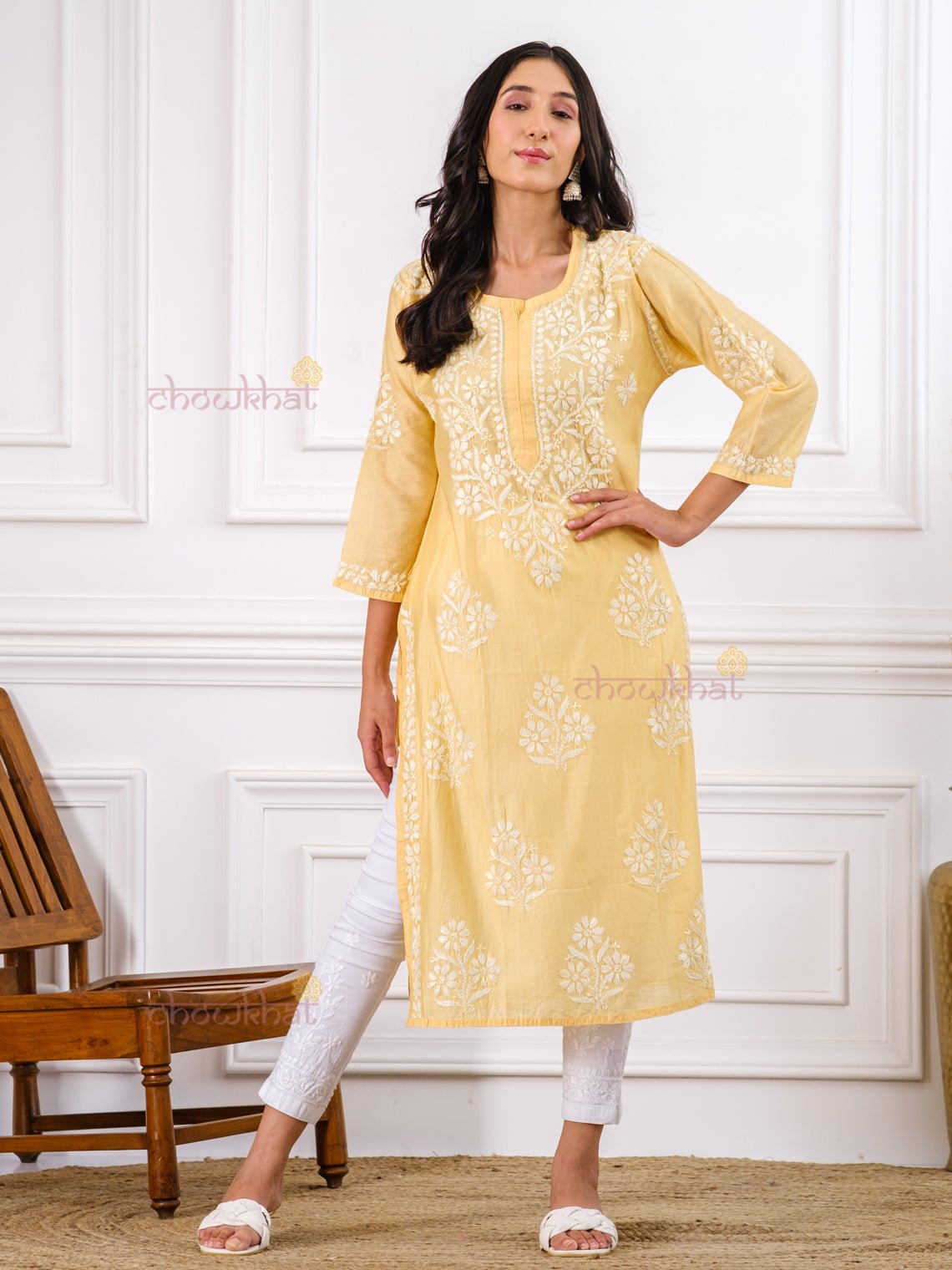 Rida Premium Chanderi Chikankari Kurti - Chowkhat Handicraft