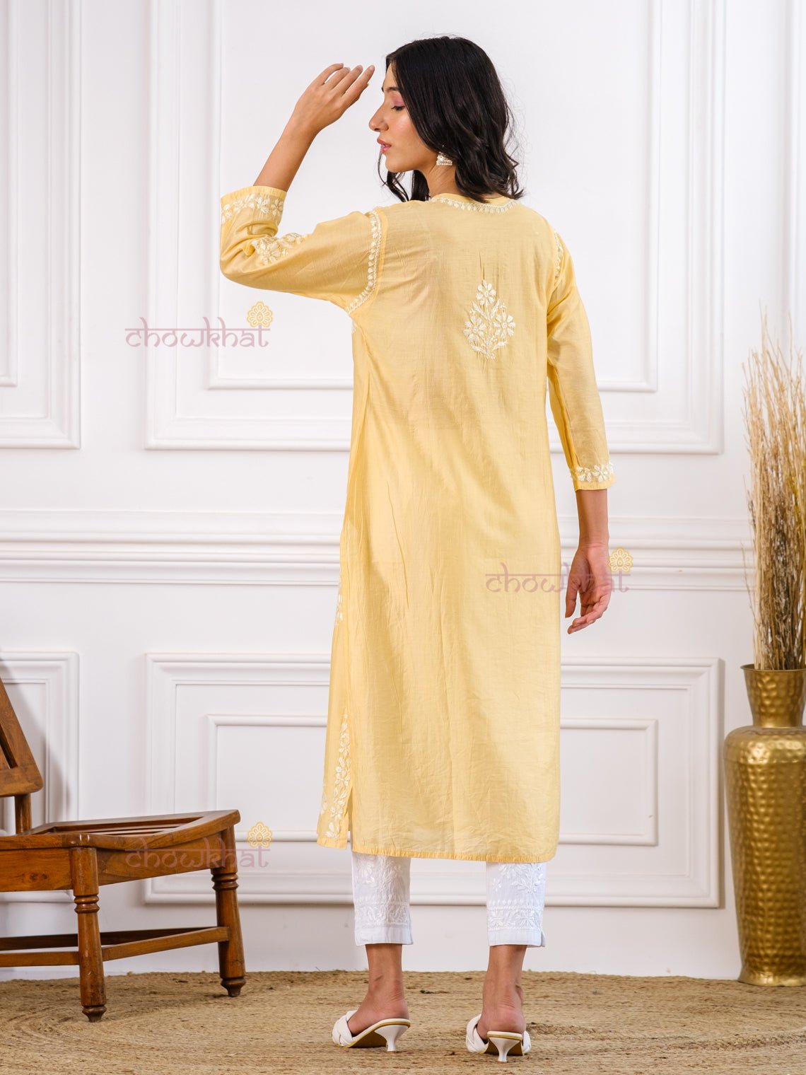 Rida Premium Chanderi Chikankari Kurti - Chowkhat Handicraft