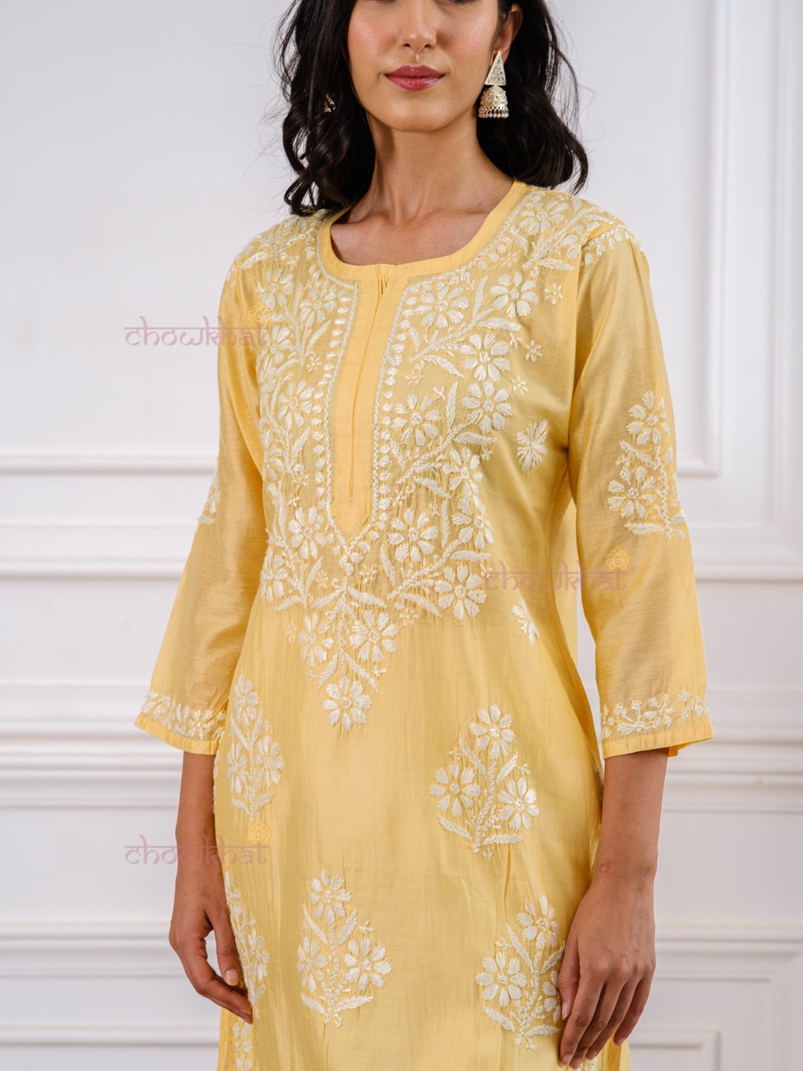 Rida Premium Chanderi Chikankari Kurti - Chowkhat Handicraft