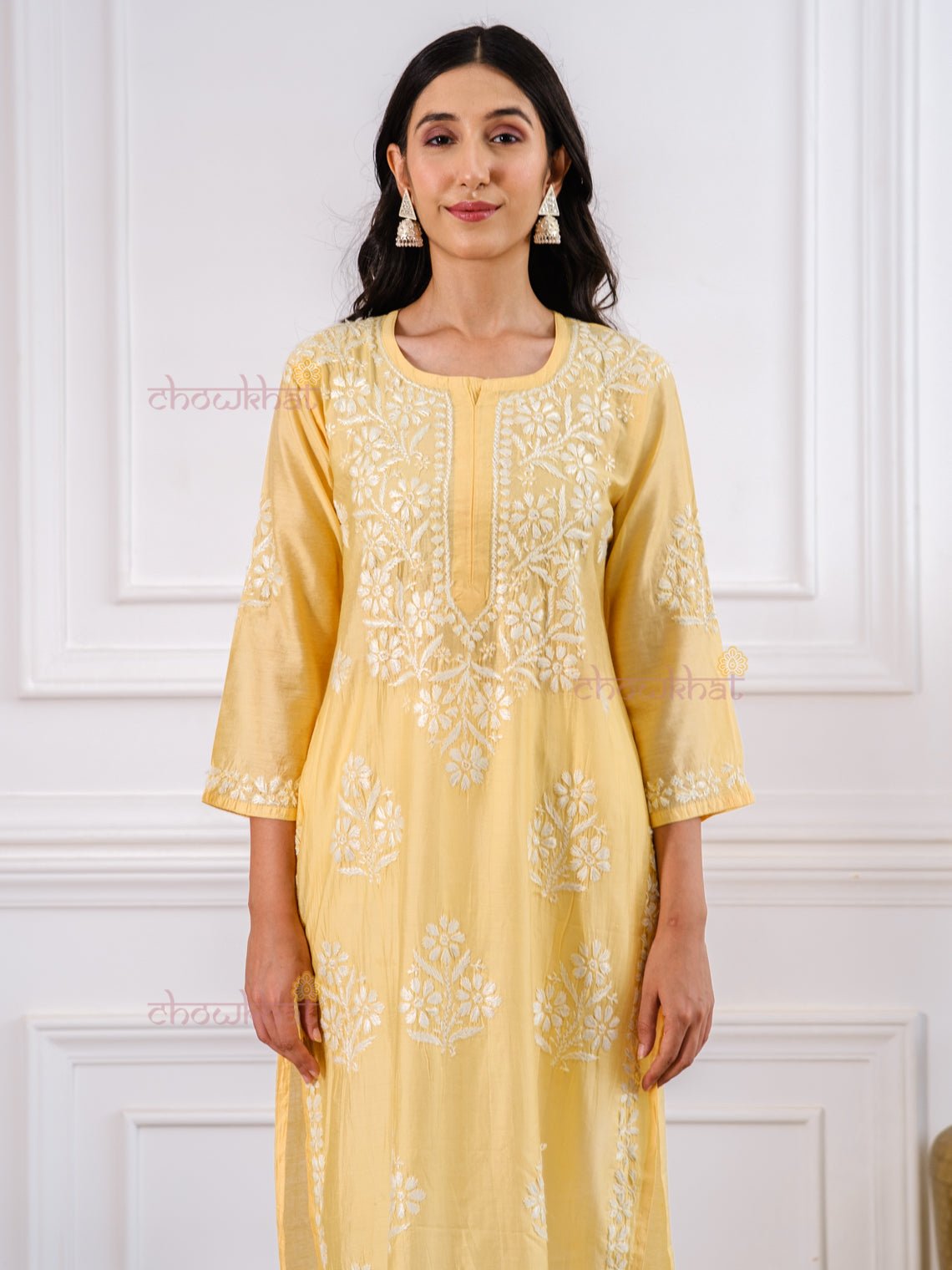 Rida Premium Chanderi Chikankari Kurti - Chowkhat Handicraft