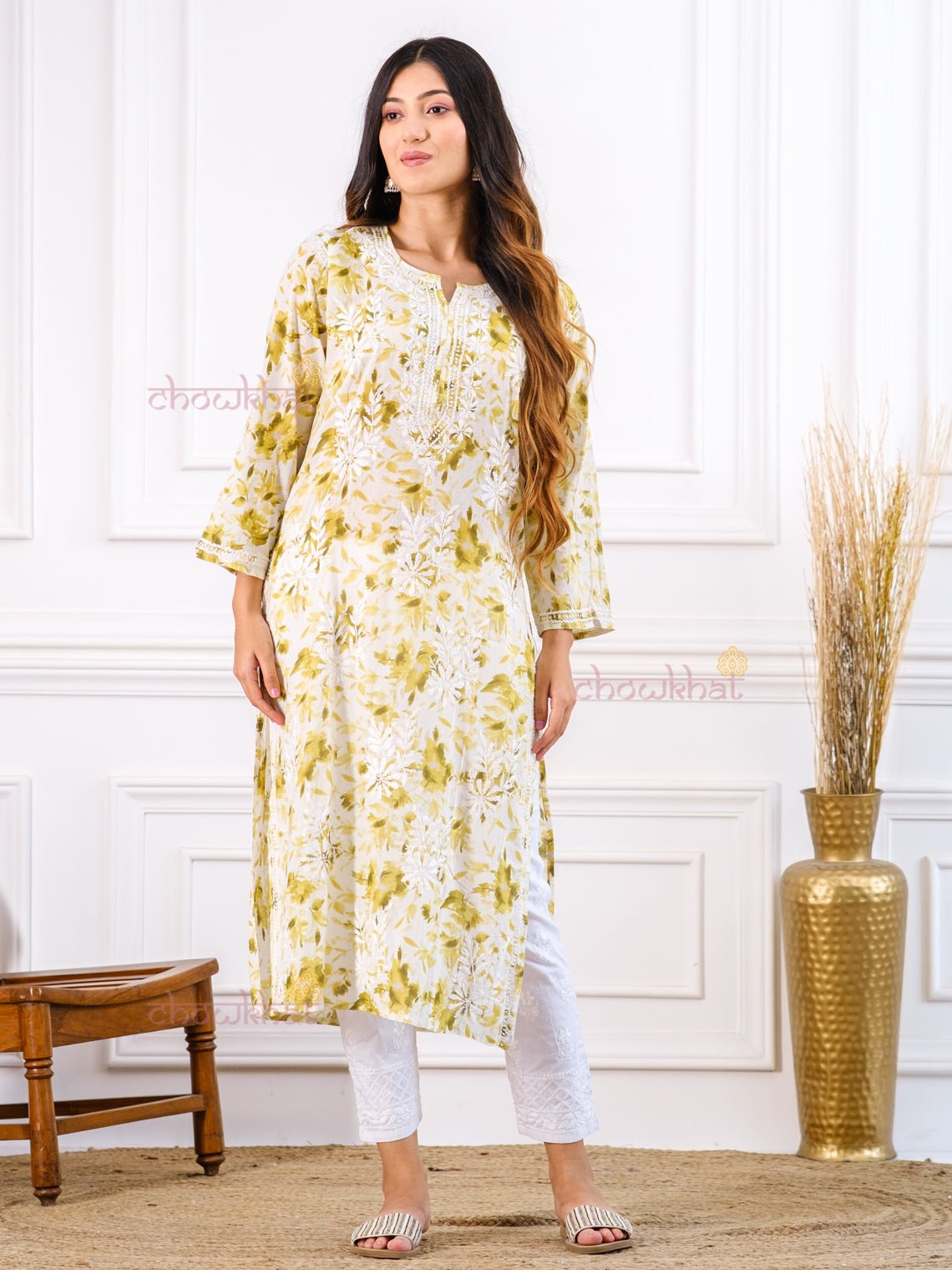 Netra Printed Mul Cotton Chikankari Kurti - Chowkhat Handicraft