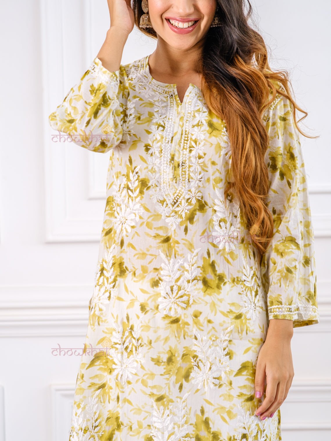 Netra Printed Mul Cotton Chikankari Kurti - Chowkhat Handicraft