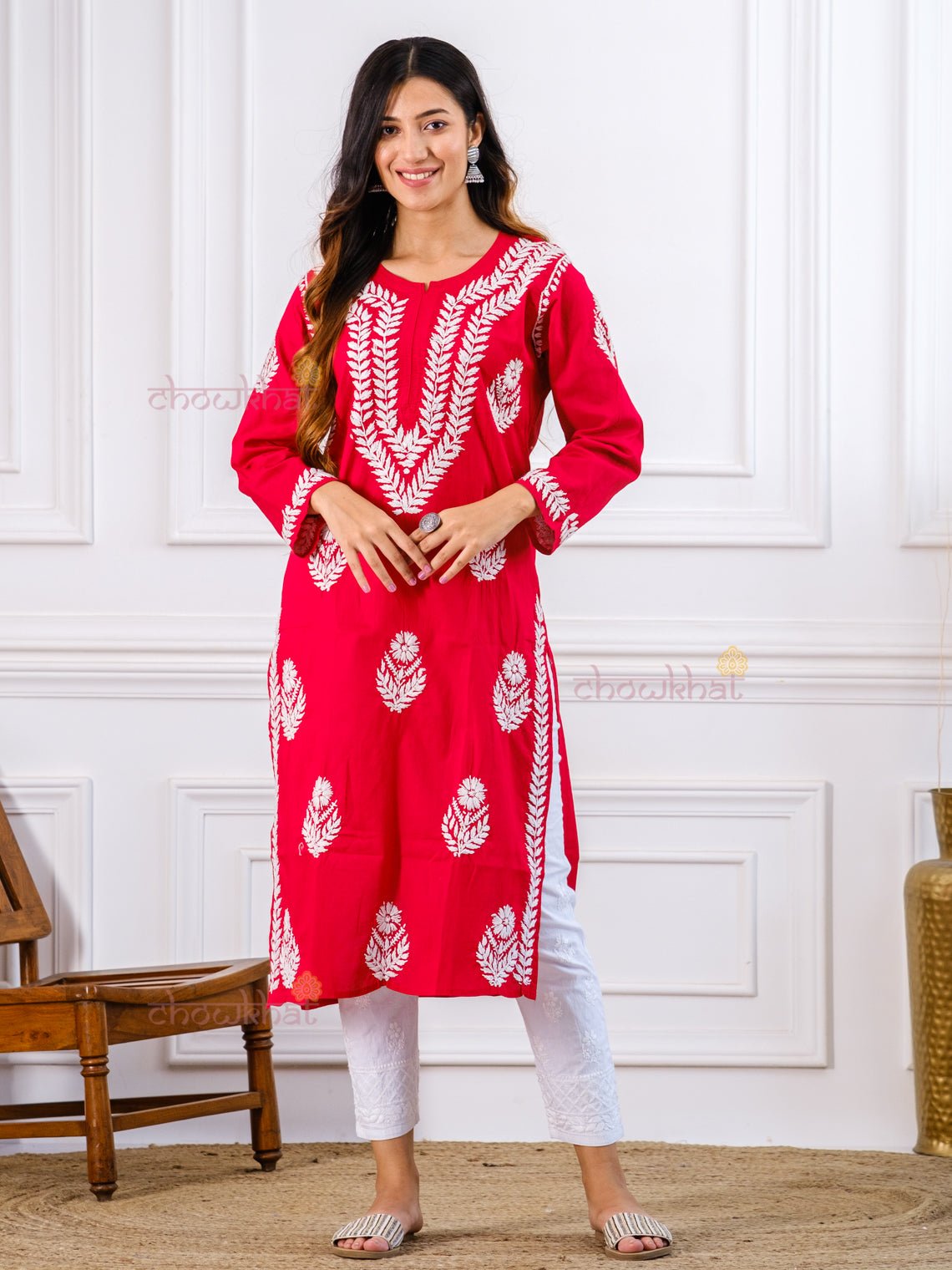Tahani Cotton Chikankari Kurti - Chowkhat Handicraft