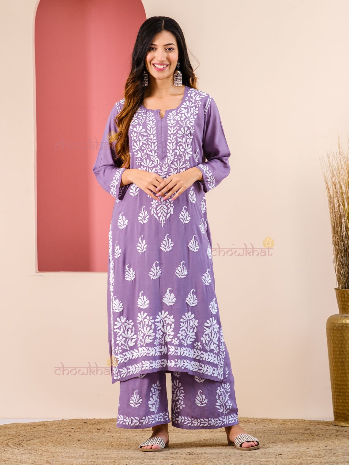 Samira Modal Chikankari Kurti & Palazzo Set - Chowkhat Handicraft