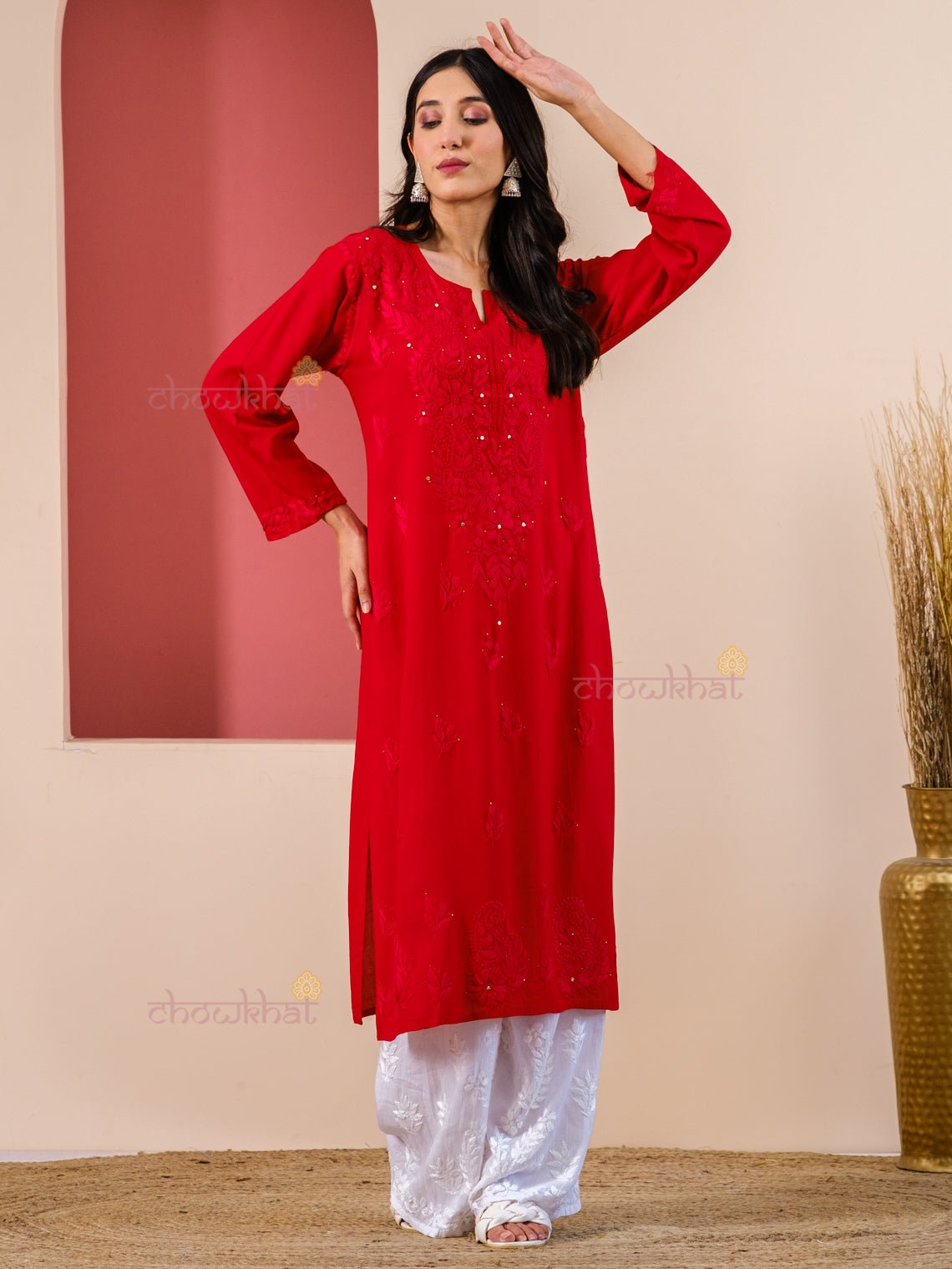 ADA Women Red & Green Chikankari Embroidered Pure Cotton Straight  Sustainable Kurti - Absolutely Desi