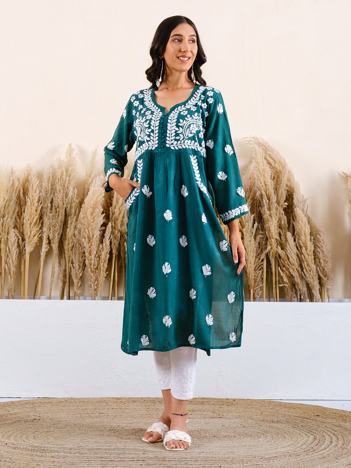 Suhana Rayon Chikankari Kurti with Pockets - Chowkhat Lifestyle