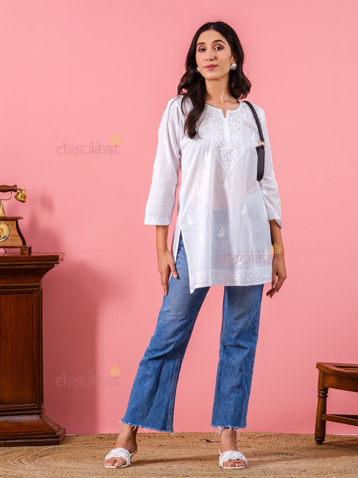 Adya Cotton Straight Chikankari Kurti - Chowkhat Handicraft