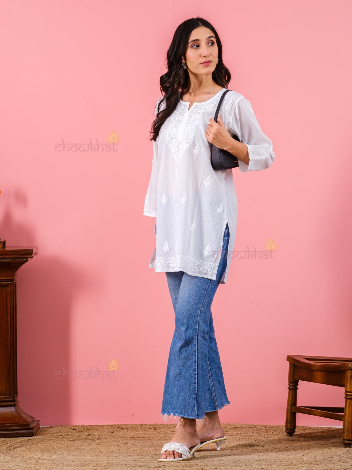 Adya Cotton Straight Chikankari Kurti - Chowkhat Handicraft