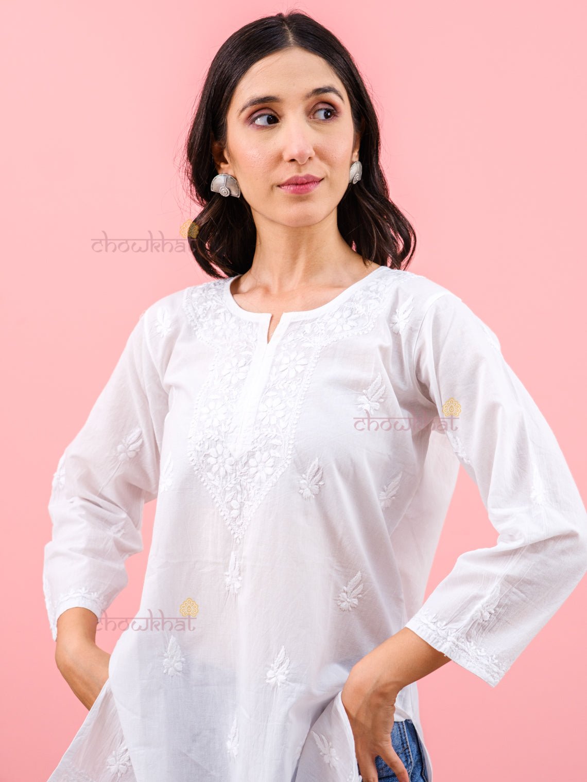 Adya Cotton Straight Chikankari Kurti - Chowkhat Handicraft