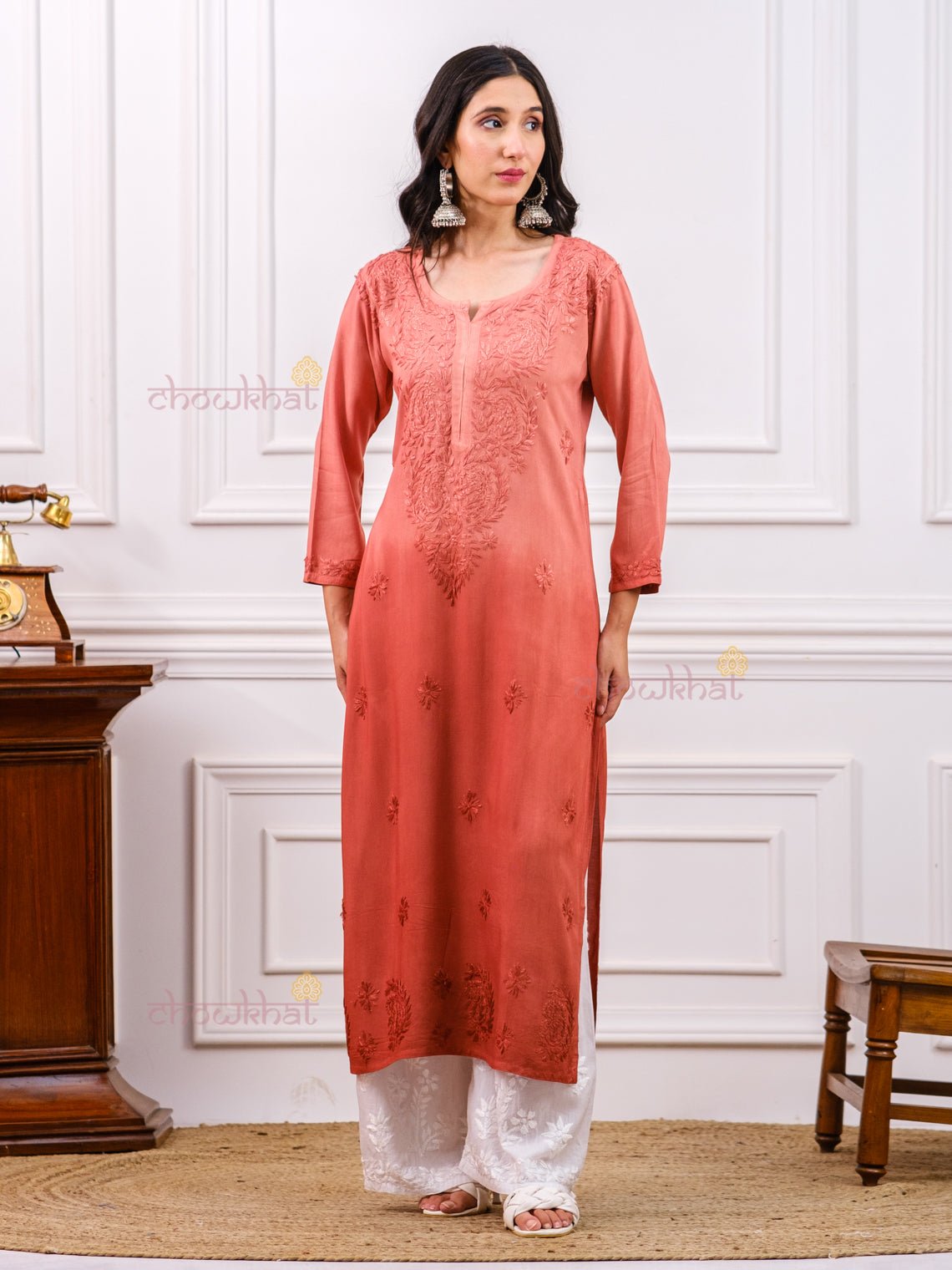Kiara Rayon Straight Chikankari Kurti - Chowkhat Handicraft