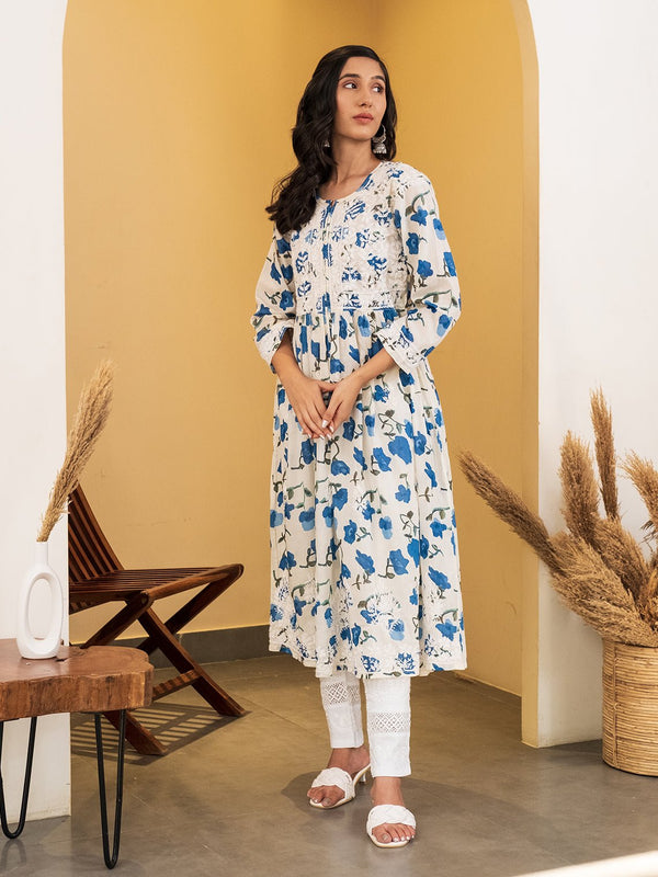Rooh Mul Cotton Printed Chikankari Gown Kurti - Chowkhat Handicraft